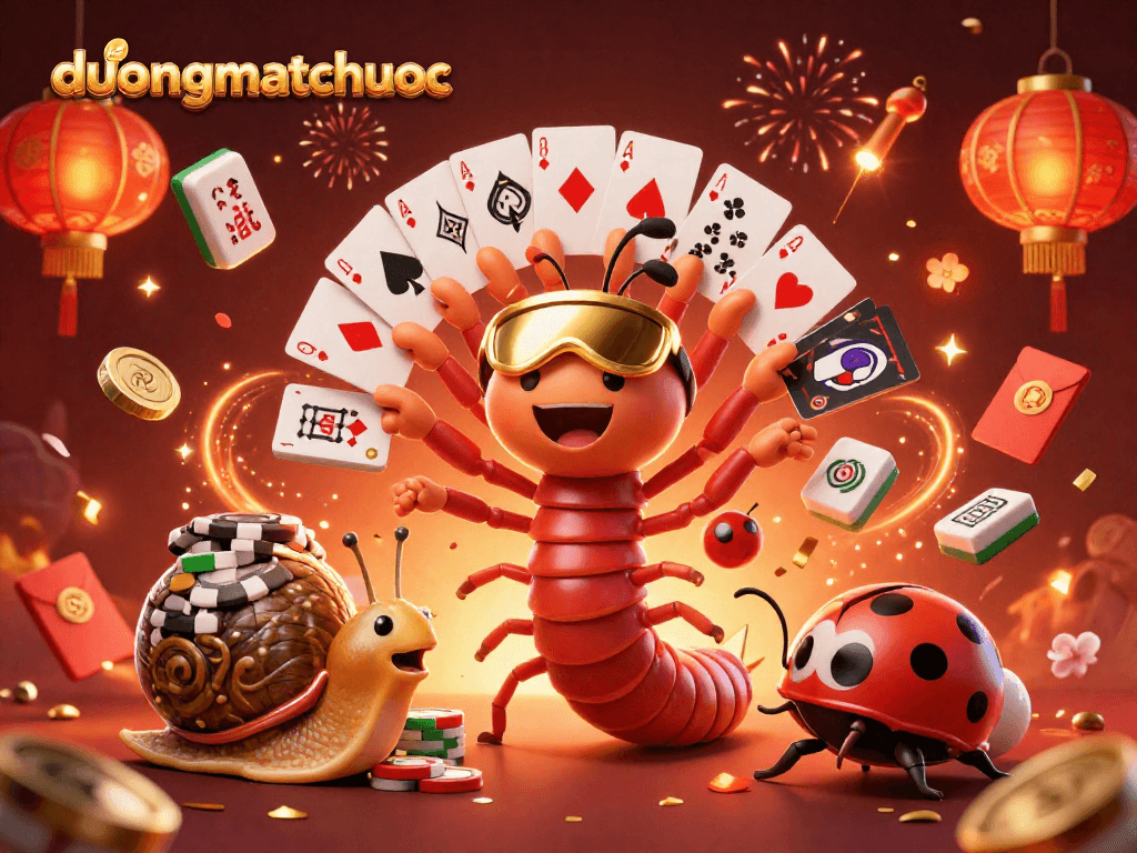 Experience the excitement of duongmatchuoc with our charming dealer and vibrant game elements in a festive 3D casino scene.