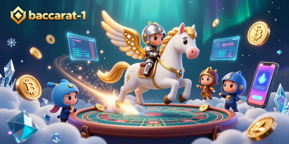 Baccarat-1 offers a vibrant 3D illustration with a celestial horse and armored knight at a lively baccarat table.