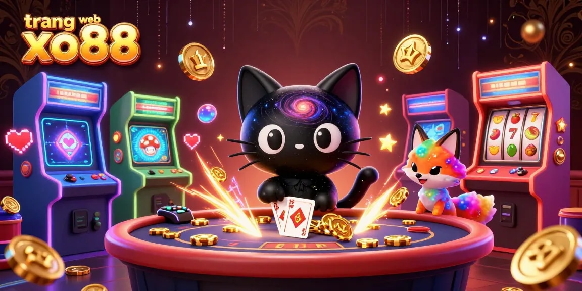 Engage with the trang web xo88 cosmic casino starring a gravitational cat and a nebula fox amidst vibrant gaming elements.
