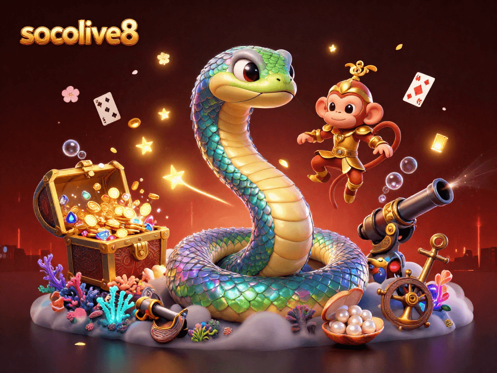Socolive8 showcases a vibrant gaming experience with playful characters and treasure while celebrating the thrill of live sports betting.