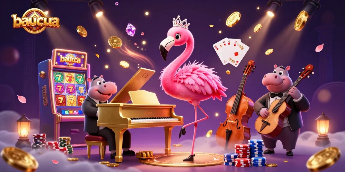 Experience the vibrant baucua online game with a lively flamingo singer and hippo bassist amidst sparkling casino elements.