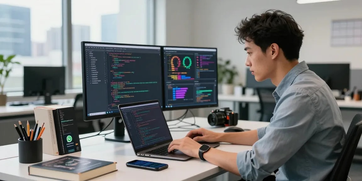 Professional coding workspace capturing WhatsApp下載 notifications and engagement.