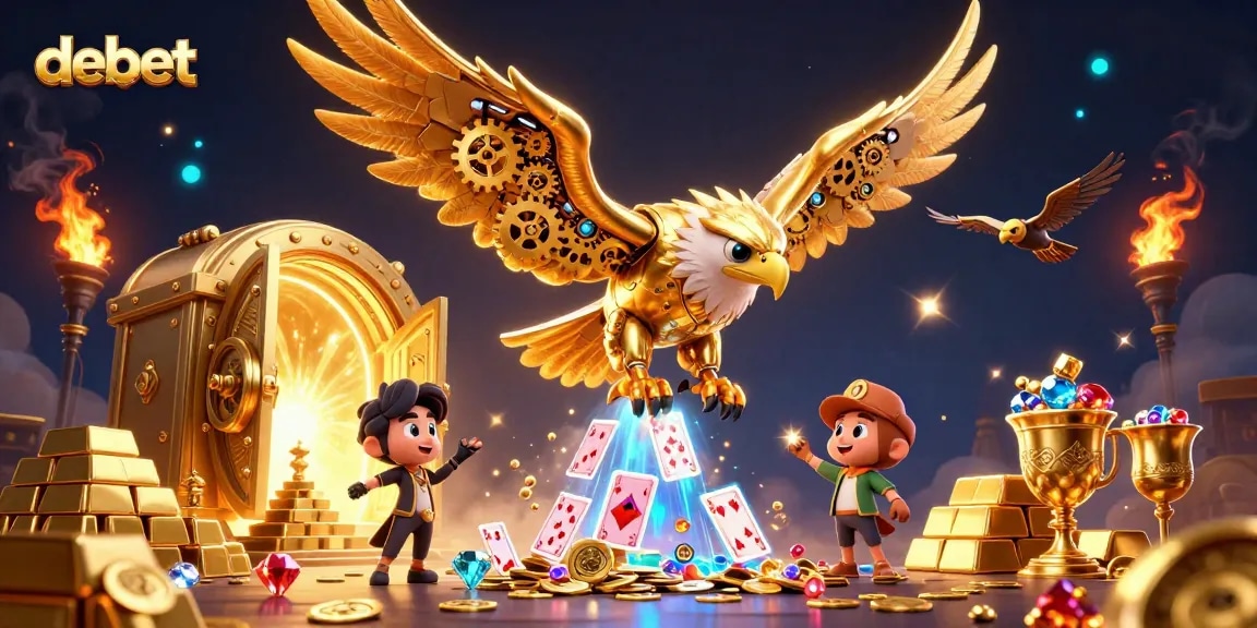 Experience thrilling casino excitement with the debet app's golden eagle amid dazzling treasures.
