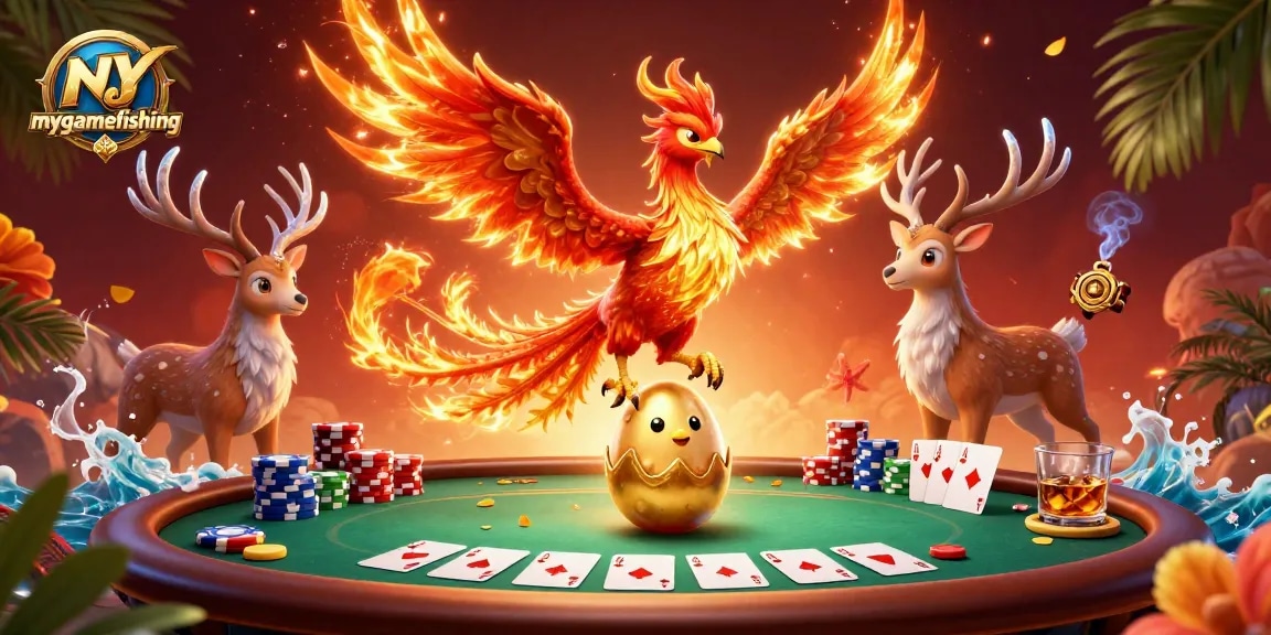 Engage with mygamefishing at a vibrant poker scene featuring fiery characters and dynamic gambling elements.