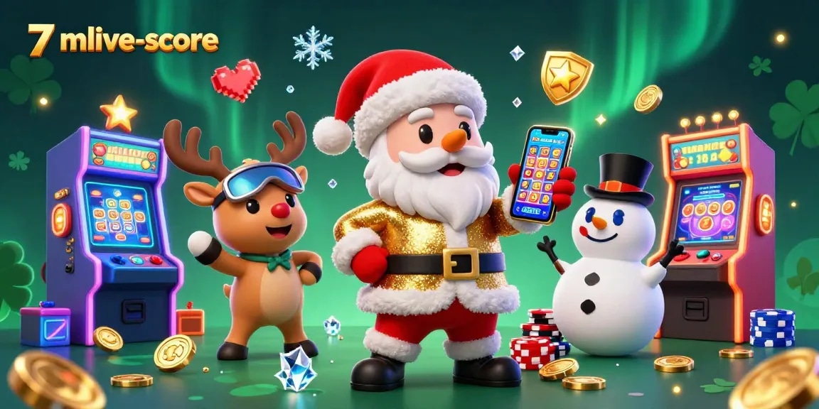Experience the excitement of 7mlive-score with Santa and friends in a vibrant casino scene.