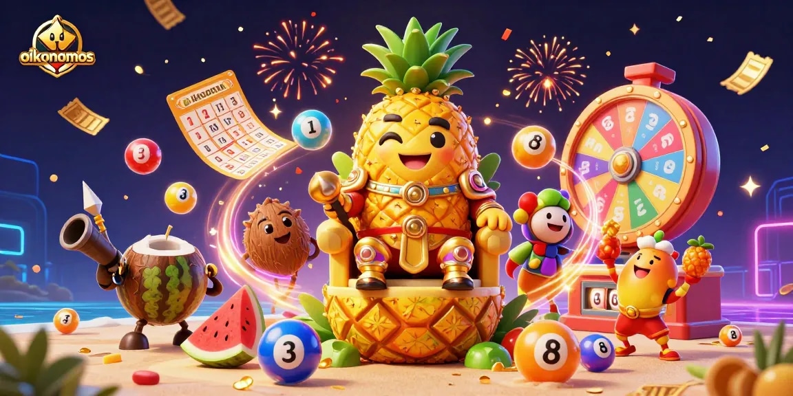 oikonomos showcases vibrant lottery elements in a lively beach casino scene.