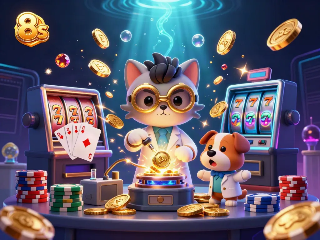 Engage with 8s in an exciting scene showcasing slot machines, colorful chips, and dynamic characters.