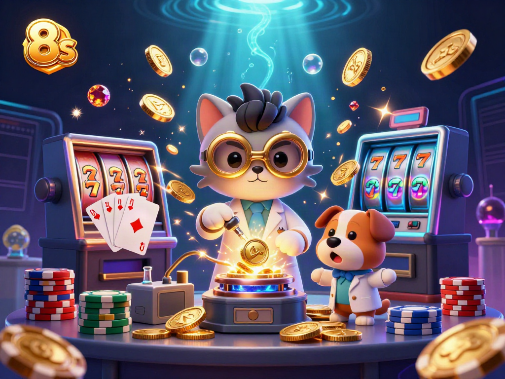 Engage with 8s in an exciting scene showcasing slot machines, colorful chips, and dynamic characters.