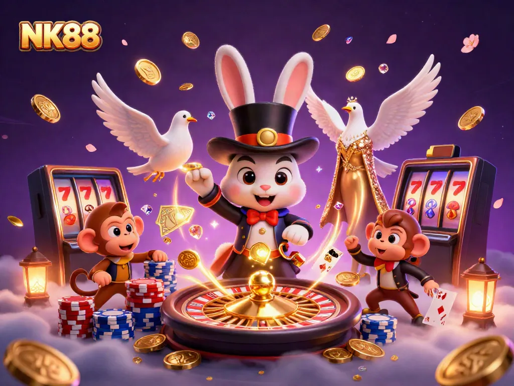 Watch the NK88 magician rabbit conjure golden coins while surrounded by poker chips and sparkling gems.
