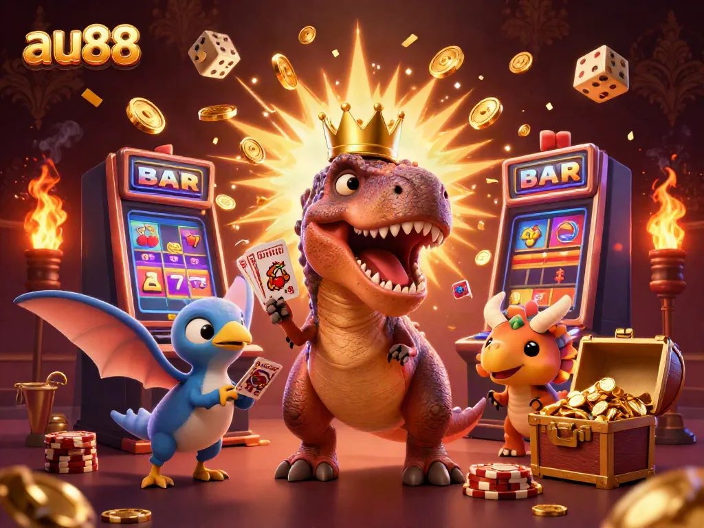 Engage with exciting gaming at au88 featuring cartoon dinosaurs and a jackpot explosion.