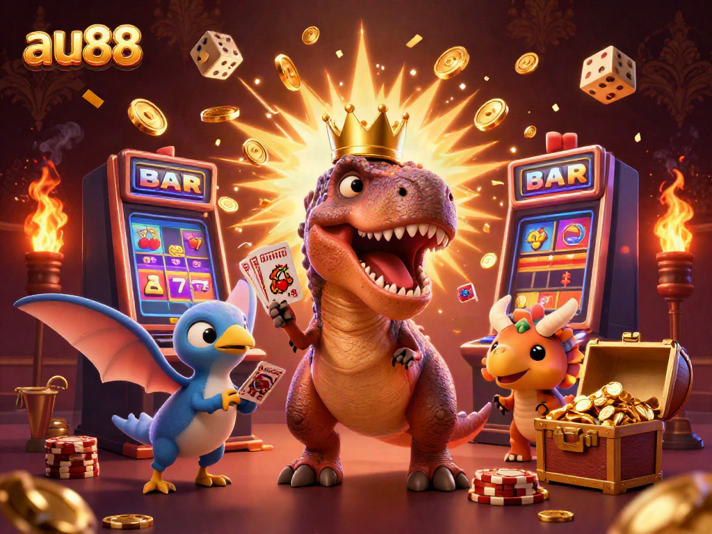 Engage with exciting gaming at au88 featuring cartoon dinosaurs and a jackpot explosion.