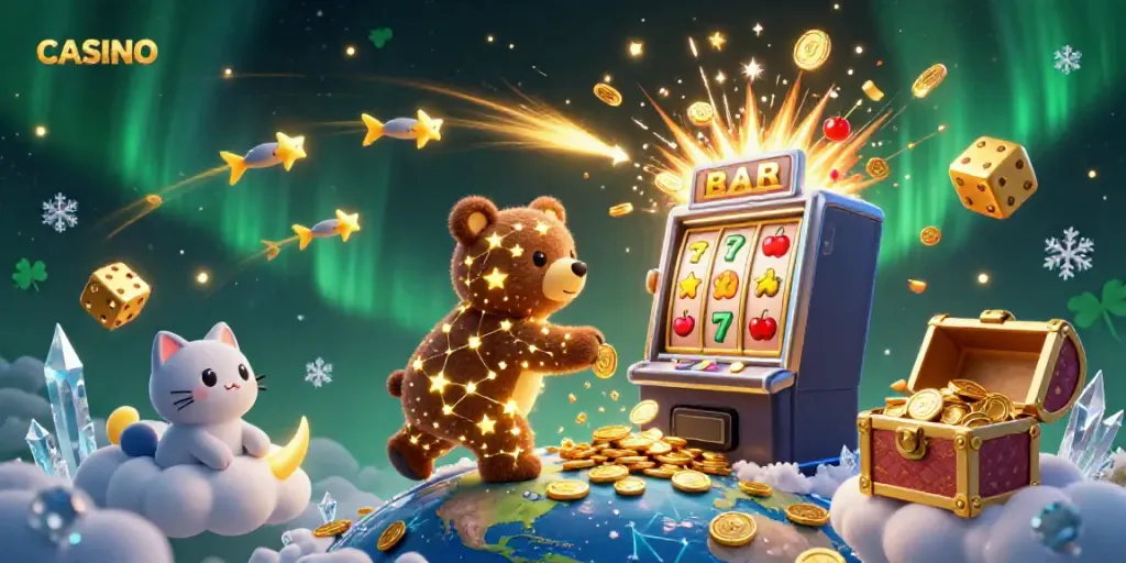 Experience a magical casino scene with a constellation bear, jackpot slots, and luminous treasures.