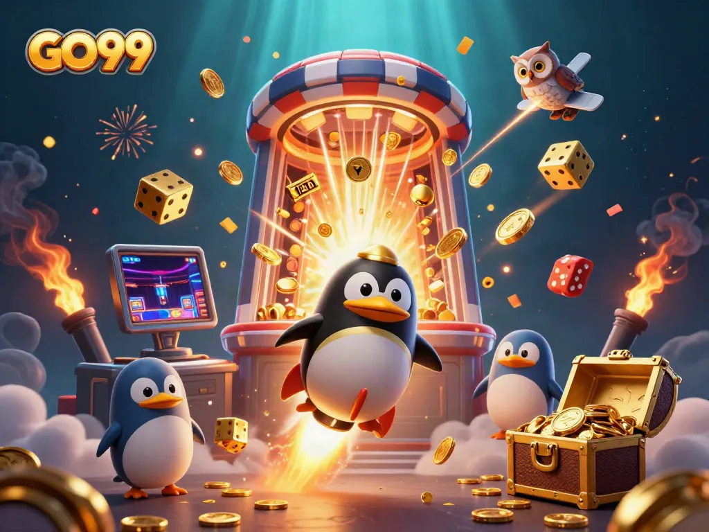 Experience the excitement of gaming with GO99, featuring a golden penguin and slot machines in a vibrant casino scene.