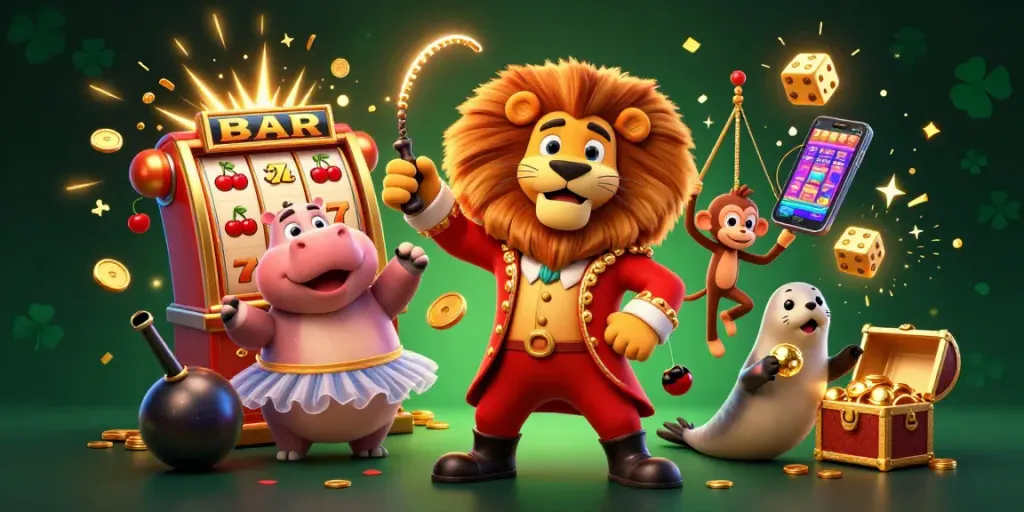 ea88 slots jackpot explosion in a vibrant circus scene with fun casino characters