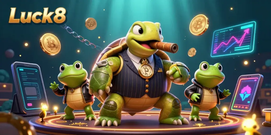 Experience the vibrant casino world with Luck8, featuring a mobster turtle and bullfrogs in action.