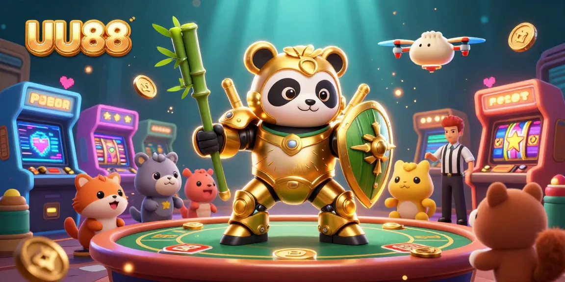 Experience thrilling casino action in a vibrant UU88 scene with a golden panda robot and colorful game elements.