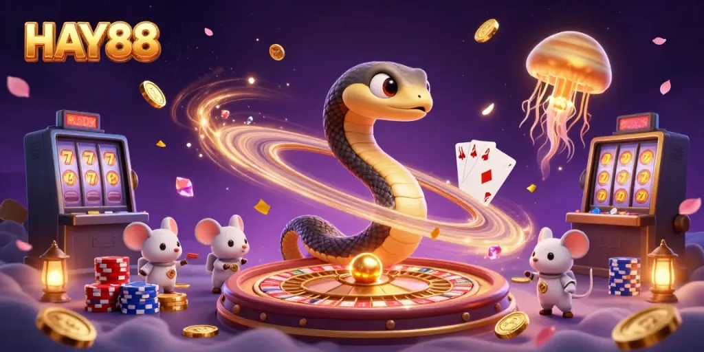 Experience the thrill of betting with HAY88's cosmic casino scene, featuring unique characters and thrilling game elements.
