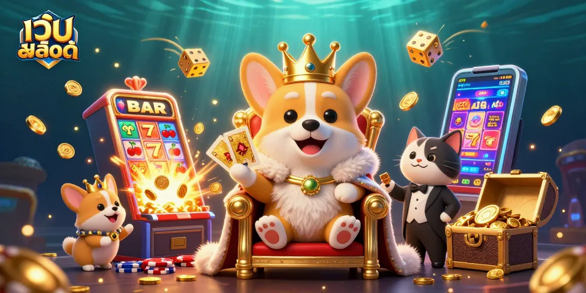 Experience exciting เว็บสล็อต adventures with a royal corgi themed casino scene bursting with jackpots and vibrant colors.