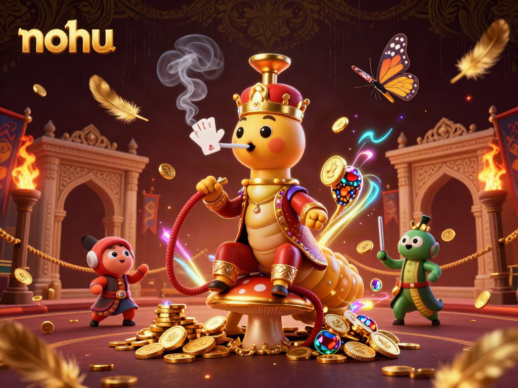 Nohu theme casino illustration with a caterpillar in a sultan outfit, immersing players in the jackpot excitement.