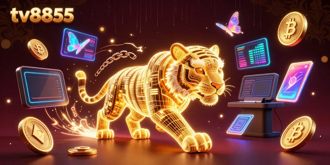 tv8855 showcases a vibrant digital casino scene with a golden tiger and glowing crypto coins.