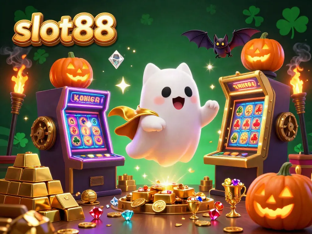 Experience thrilling wins with slot88 in this vibrant casino scene featuring a friendly ghost cat and gold treasures.