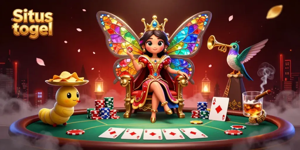 Engaging scene of Situs togel with a butterfly queen and poker elements for online gaming.