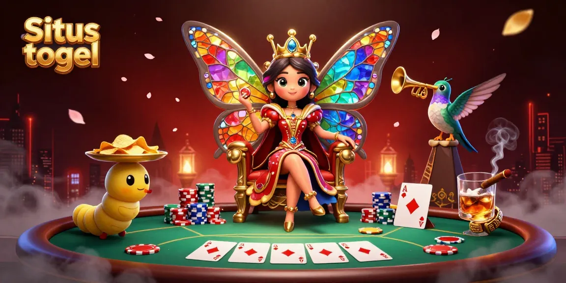 Engaging scene of Situs togel with a butterfly queen and poker elements for online gaming.