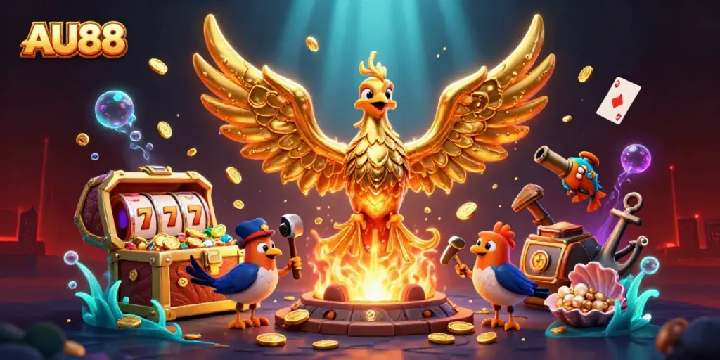 Experience thrilling gambling excitement at AU88 with the dynamic golden phoenix and colorful game elements.