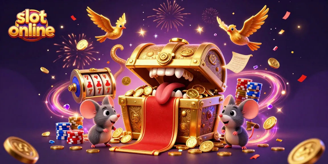 Slot online menampilkan peti harta karun yang menggoda dan elemen perjudian menarik dalam suasana meriah.