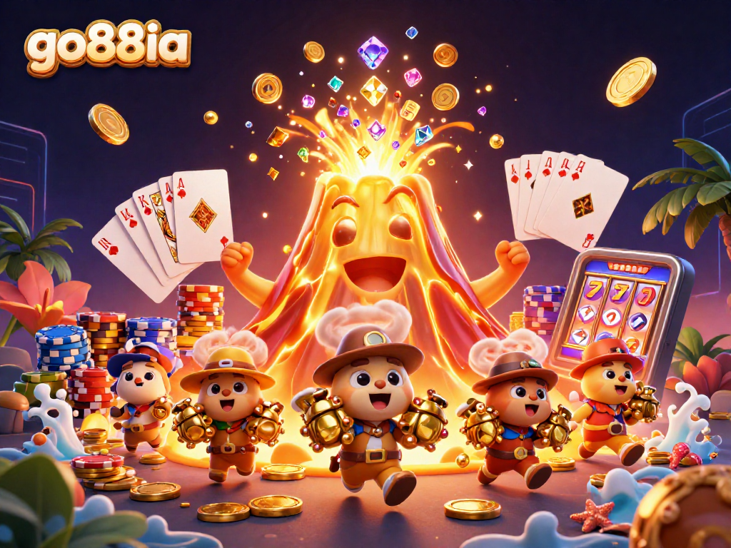 Experience excitement with go88ia as a golden volcano erupts treasures and casino elements in a vibrant scene.