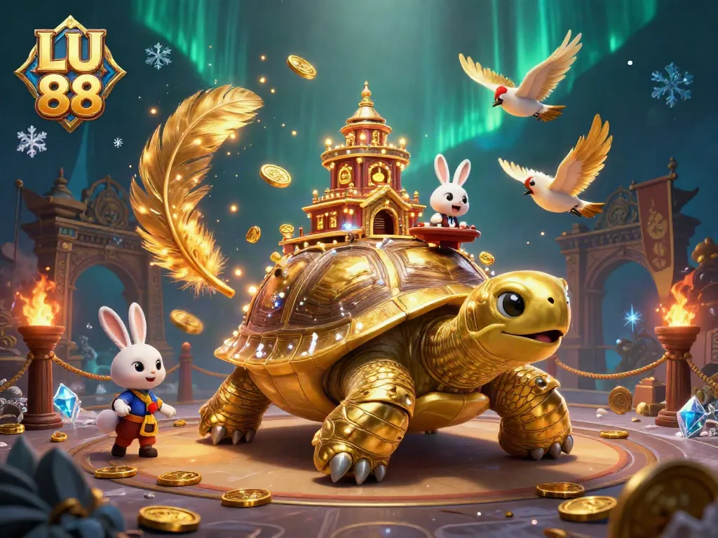 Experience excitement at LU 88 with a vibrant golden tortoise casino scene featuring a rabbit dealer.
