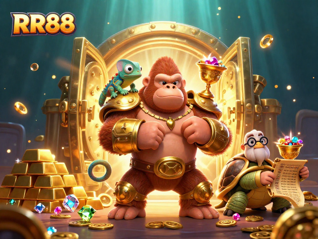 Experience RR88 thrills with a powerful gorilla king and treasure in this vibrant casino scene.