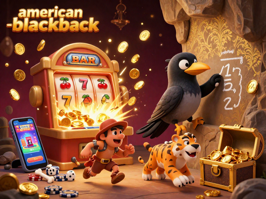 Compete in american-blackjack with a lively caveman, sabertooth, and crow amidst casino excitement.