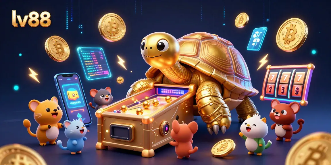Experience the thrilling lv88 casino world with a colossal tortoise pinball machine and vibrant crypto elements.