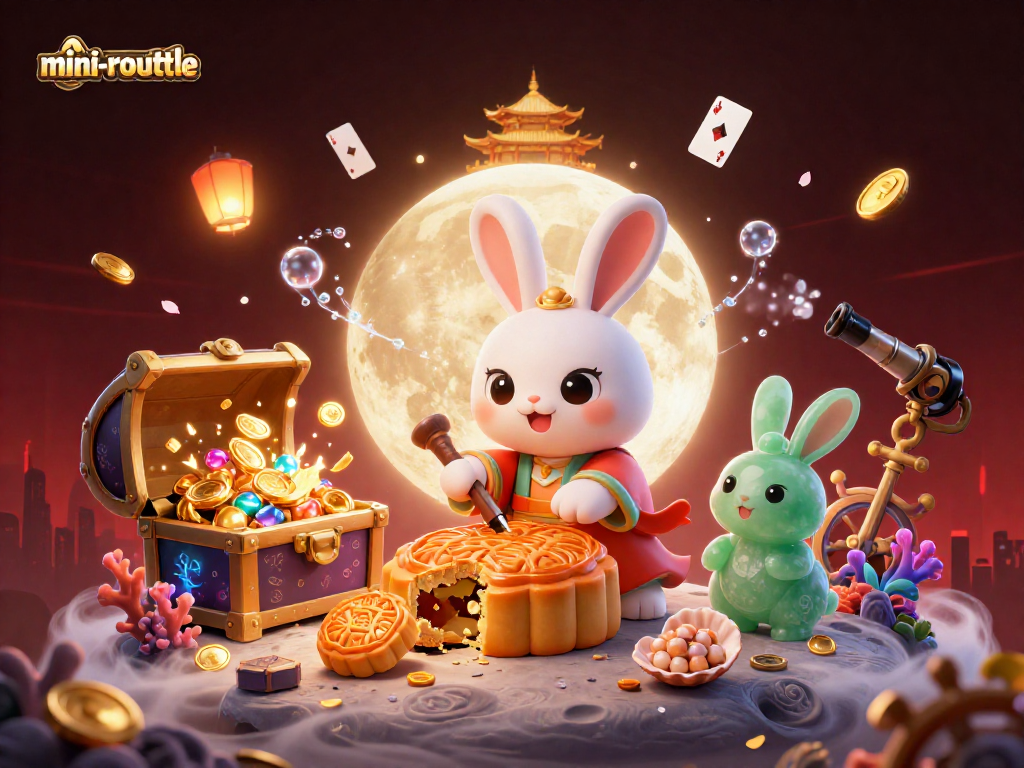 Experience the thrill of mini-roulette in a vibrant fantasy scene with lunar rabbits and casino elements.