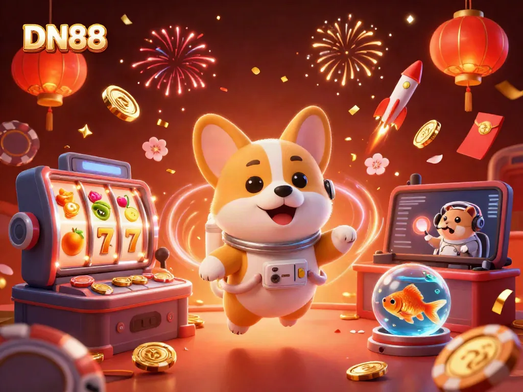 Experience DN88's fun-filled casino adventure with a floating astronaut corgi, vibrant games, and festive elements.