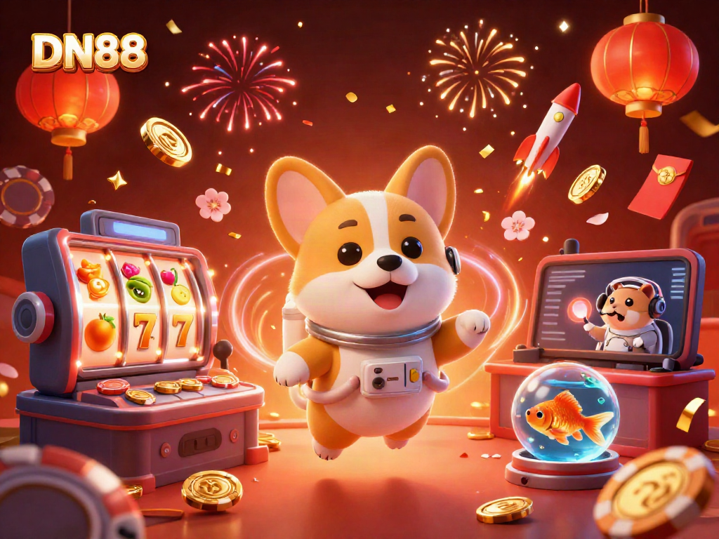 Experience DN88's fun-filled casino adventure with a floating astronaut corgi, vibrant games, and festive elements.