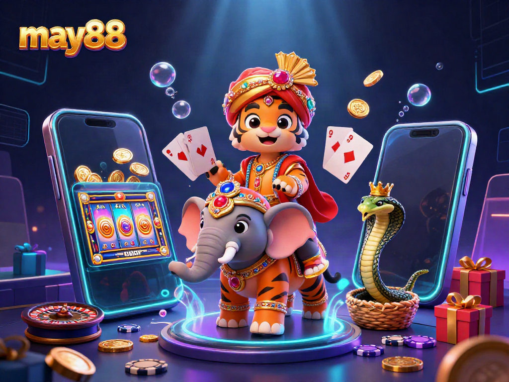 Join the may88 action with a lively scene featuring slots, casino elements, and vibrant characters.