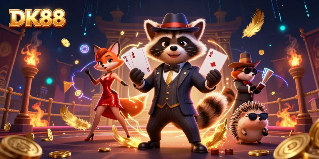 DK88 raccoon dealer holds a royal flush, as fox companion shimmers nearby in a vibrant casino setting.