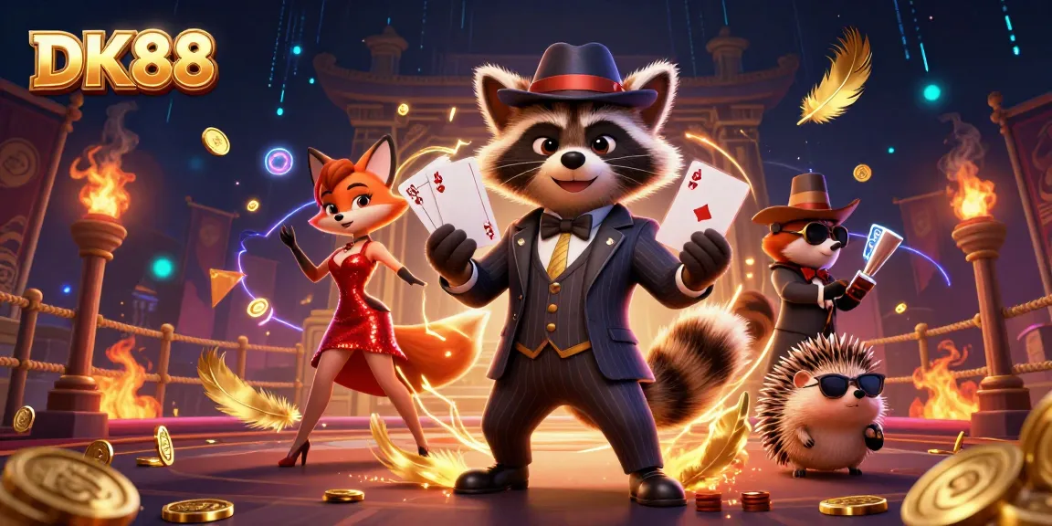 DK88 raccoon dealer holds a royal flush, as fox companion shimmers nearby in a vibrant casino setting.