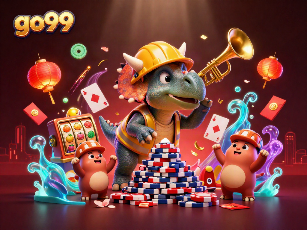 Engage with go99's vibrant gaming atmosphere showcasing triceratops and festive elements.