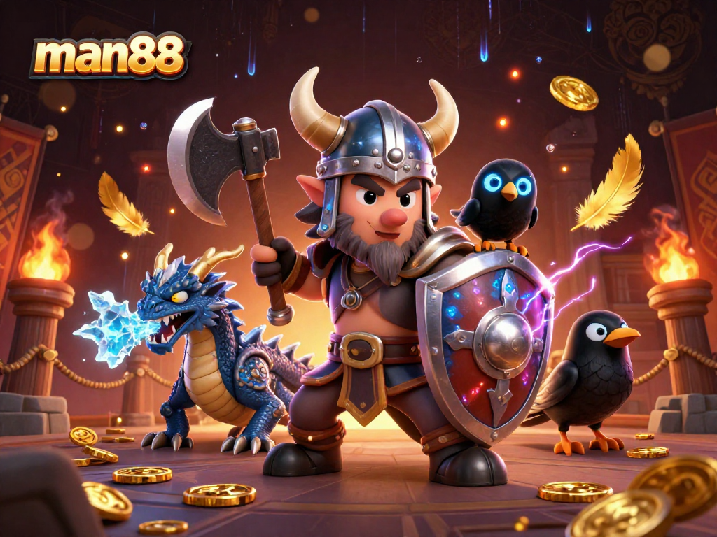 Engage with man88's thrilling gaming action featuring a Viking warrior and a fierce dragon.