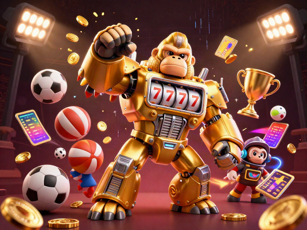 Experience thrilling wins at TN88 with a dynamic 3D illustration showcasing a slot machine mech and vibrant sports elements.