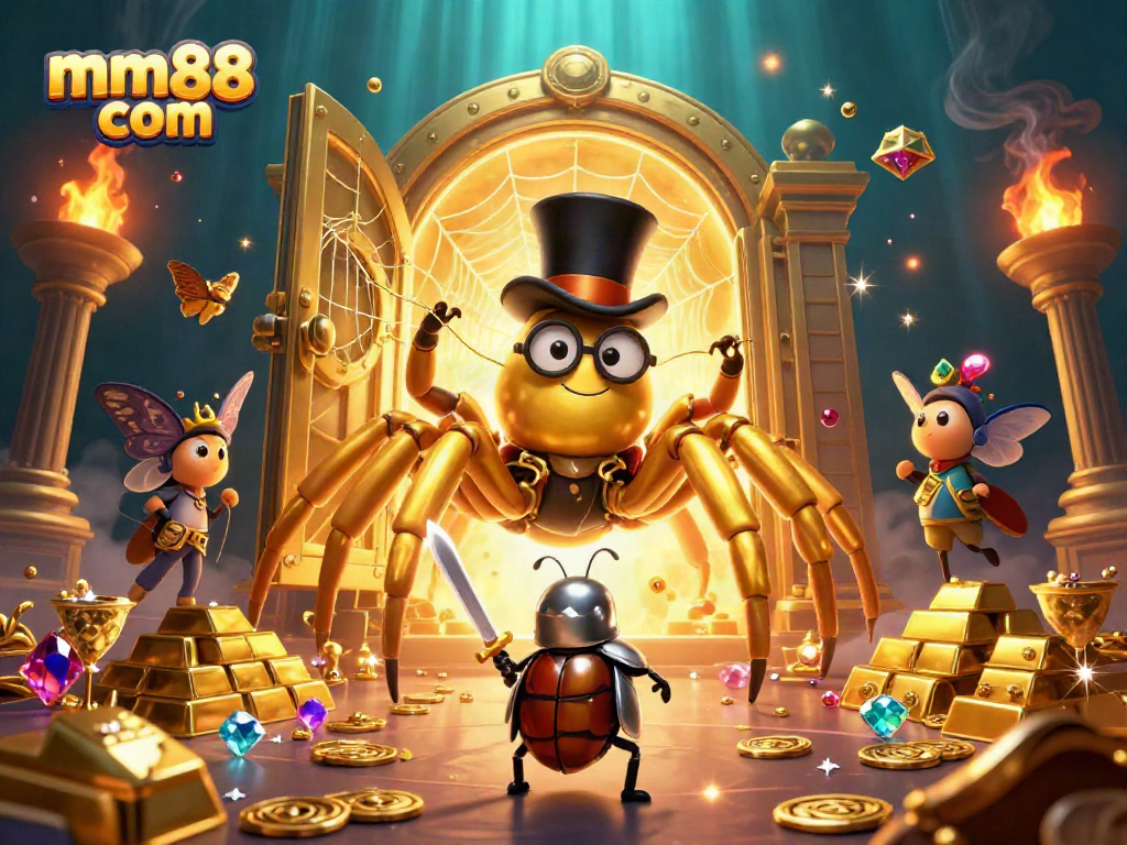 Engaging mm88 com scene featuring a giant golden tarantula and beetle knight amidst a treasure-filled casino backdrop.