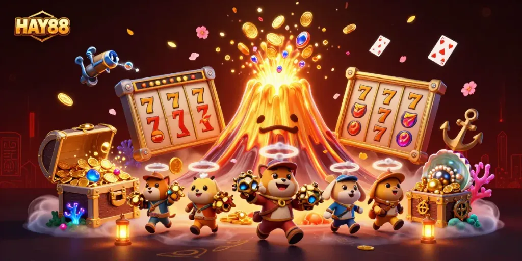 Experience HAY88 with a triumphant golden volcano erupting coins and treasures in a lively casino scene.