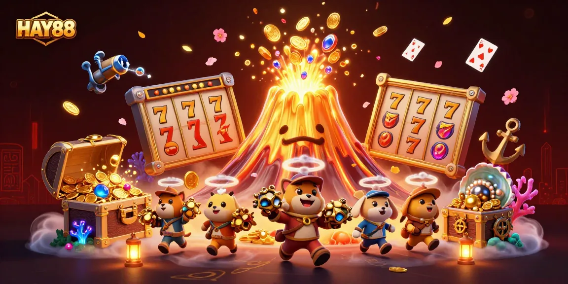Experience HAY88 with a triumphant golden volcano erupting coins and treasures in a lively casino scene.