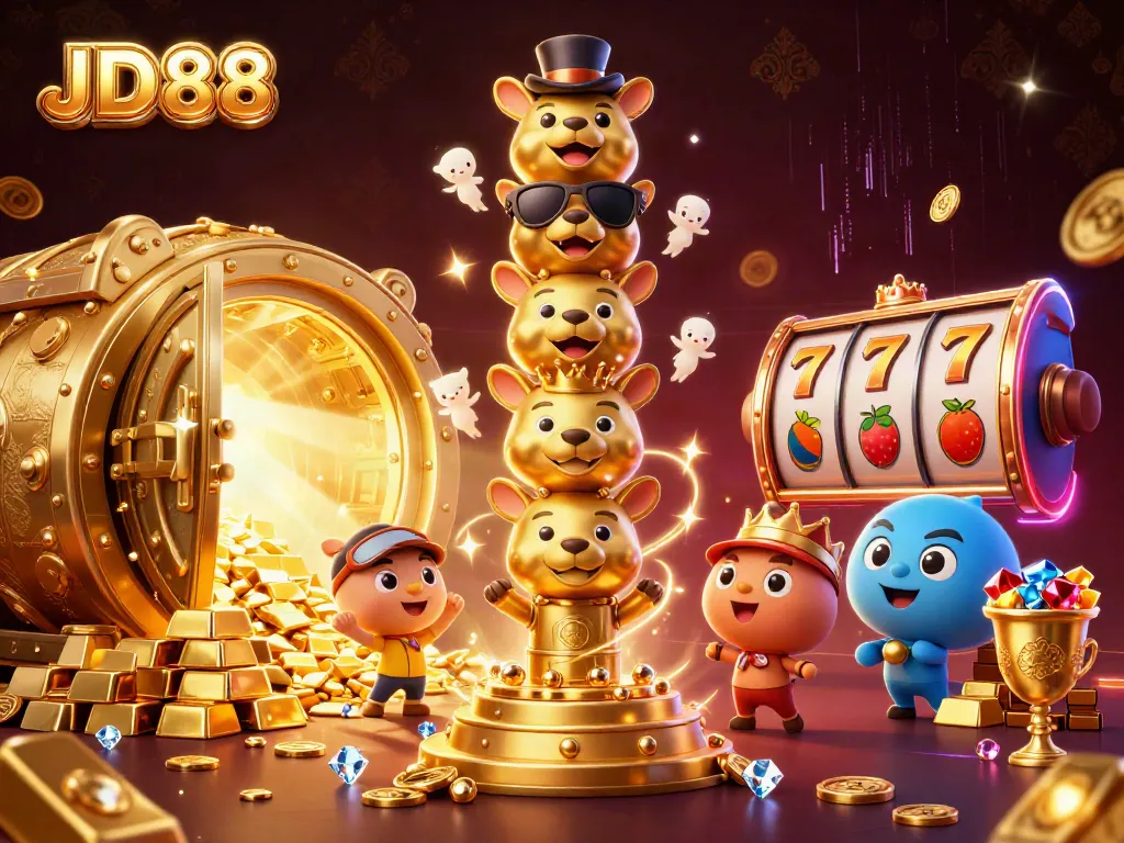 Experience the excitement of JD88 with a vibrant 3D casino illustration showcasing slots and treasures.
