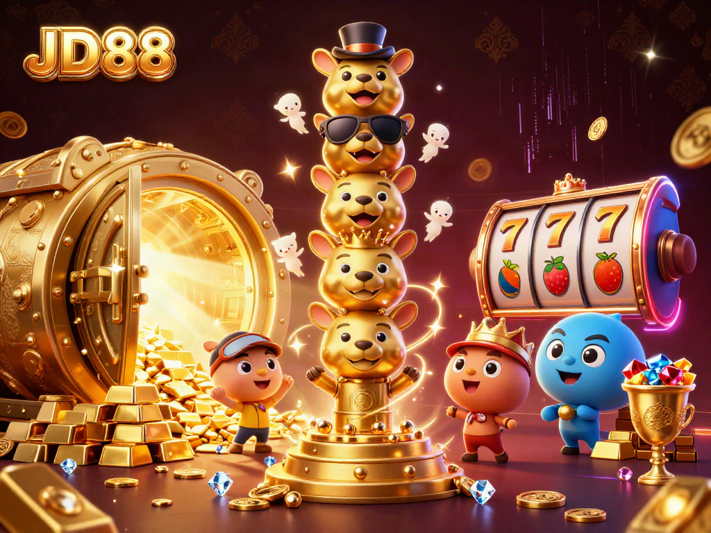 Experience the excitement of JD88 with a vibrant 3D casino illustration showcasing slots and treasures.