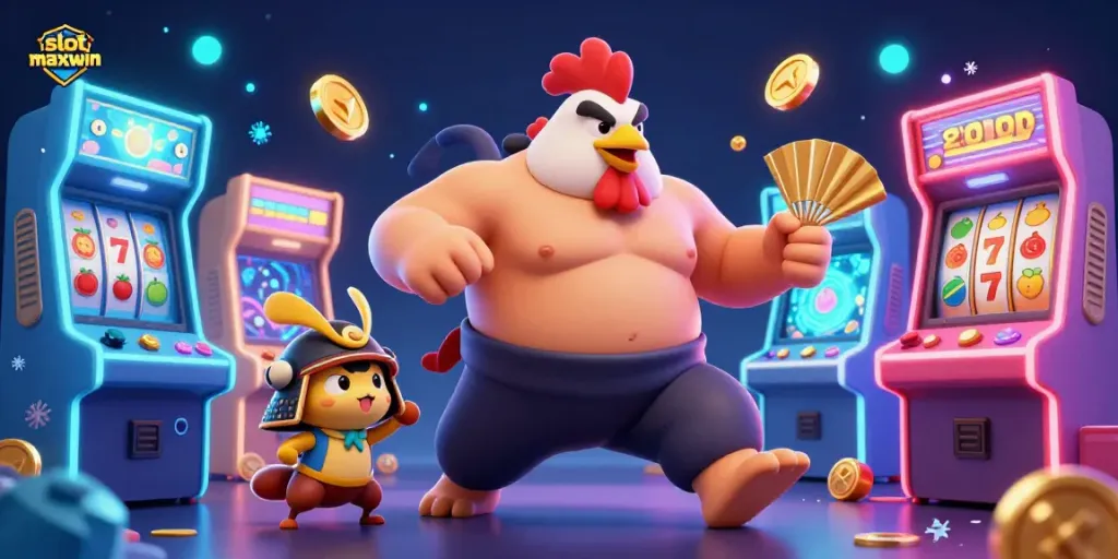 Experience thrilling slot maxwin action with dynamic characters in a colorful gaming scene.