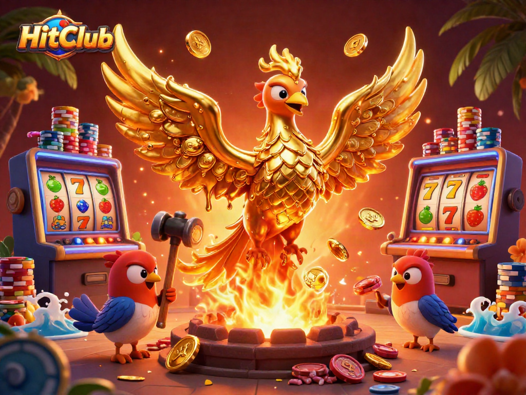 Experience the thrill of HitClub with a golden phoenix, slot reels, and vibrant tokens in a lively casino scene.